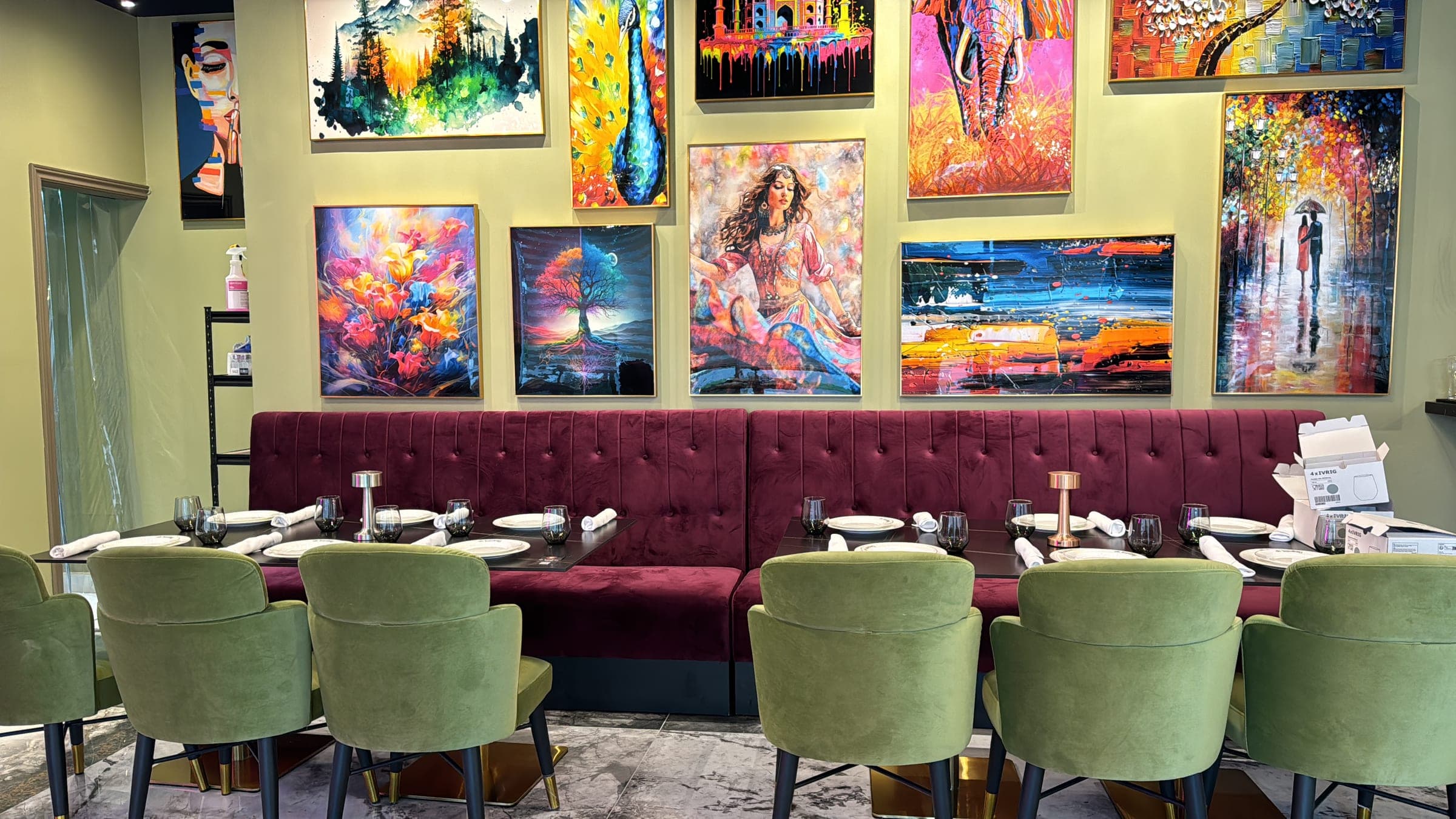 Inside the DesINorth Milton dining room — banquettes and artwork, Milton, Ontario, Canada
